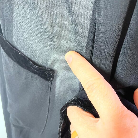 Vintage 1990s Johnny Was Size S Sheer Black Crepe Dress Velvet Trim - Picture 8 of 13